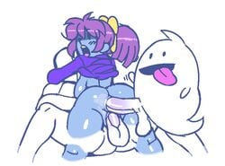 anal anal_sex anus ass asshole black_eyes blue_skin breasts butt butthole buttsex double_penetration female ghost ghost_girl hair_ribbon large_breasts long_hair male marina_(noill) mob_face monster_girl nipples noill open_mouth original original_character penis ponytail purple_hair ribbon sex shirt_lift sideboob source_request straight sweater testicles tied_hair uncensored vaginal_penetration wince