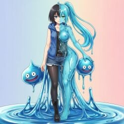 2girls ai_generated black_boots black_hair black_legwear black_shirt blue_eyes blue_hair blue_hoodie breasts cleavage female fusion green_eyes hair human_female large_breasts long medium_breasts nude ponytail short_hair sleeveless_shirt slime slime_girl transformation transformation_sequence