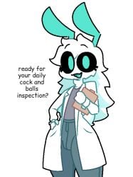 1boy 1femboy 2d 2d_(artwork) 2d_artwork antennae antennae_(anatomy) casual_sex clipboard femboy insectoid labcoat long_hair male male_focus male_only no_sex original original_character penis_inspection penis_inspection_day simple_background smiling tagme text twitter_link white_background zyneru zyneru_(character)