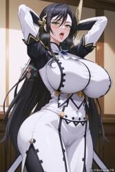 1girls ai_generated big_ass big_breasts brunhild_(shuumatsu_no_valkyrie) clothed clothing hands_behind_head looking_at_viewer severinyk shuumatsu_no_valkyrie solo solo_female tongue_out