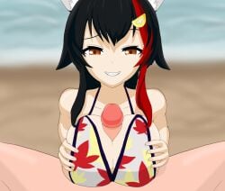 1boy 1girls alaskathe1st animal_ears beach bikini_top clothed_paizuri confident erect_penis erection hololive hololive_gamers hololive_japan light-skinned_female light-skinned_male light_skin male_pov ookami_mio outdoors paizuri penis pov swimsuit virtual_youtuber wolf_ears wolf_girl