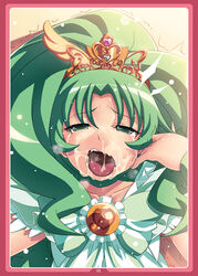 blush border clothing cum cum_in_mouth cure_march facial green_eyes green_hair long_hair magical_girl midorikawa_nao open_mouth ponytail precure pretty_cure princess_form_(smile_precure) red_border smile_precure tasaka_shinnosuke tied_hair