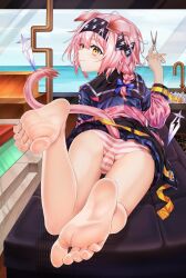 absurdres animal_ears arknights ass barefoot blush braid feet female goldenglow_(arknights) highres long_hair looking_at_viewer looking_back lying on_stomach panties pink_hair scissors smile soles striped striped_panties tail toes underwear yellow_eyes