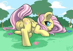 angel_(mlp) anus atryl blush equine female flower fluttershy_(mlp) friendship_is_magic horse lagomorph lying male my_little_pony pegasus pink_hair pony pussy rabbit showing_off smooth_skin tree wings wood