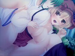 1futa 1girls blonde_hair blush breasts censored detached_sleeves dress_shirt futa_on_female futa_with_female futanari green_hair hat intersex large_breasts long_hair minoriko_aki multiple_girls nipples no_bra no_panties onsen_tamago_(nurumayu_onsen) open_clothes open_mouth open_shirt red_eyes sanae_kochiya sex shirt short_hair skirt skirt_around_one_leg touhou vaginal_penetration