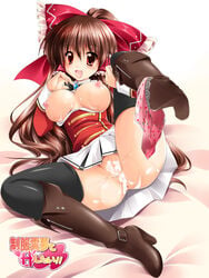 after_sex anus blush boots bow breasts brown_hair cum cum_on_body cum_on_breasts cum_on_lower_body cum_on_upper_body erect_nipples female female_only hairbow high_heels highres human kamiya_tomoe long_hair nipples open_mouth panties panties_around_leg panties_around_one_leg panty_dangle red_eyes reimu_hakurei shoes skirt solo spread_legs touhou underwear upskirt