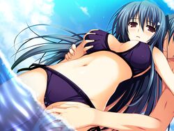 1boy 1girls akatsuki_no_goei bikini blush breast_grab female game_cg kanzaki_moe long_hair male straight swimsuit tomose_shunsaku water