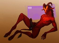 balls black_hair demon digitigrade erection goat hair hooves horn male male_only nipple_piercing nipple_ring nipples penis piercing presenting red simple_background solo xii_hm