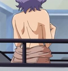 1girls animated animated_gif arbeit_shiyou!!_let`s_arbeit! backboob bouncing_breasts breasts clothing huge_breasts open_clothes open_shirt purple_hair sayuri_hara screencap screenshot shirt undressing window