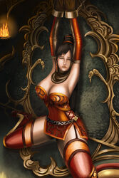 armpits arms_up black_hair bondage bound breasts brown_eyes chains chinese_clothes dynasty_warriors earrings elbow_gloves female female_only fire garter_belt gloves hair highres human imminent_rape indoors kneeling large_breasts lian_shi restrained shackles shin_sangoku_musou shin_sangoku_musou_6 solo spread_legs svoidist torch very_long_hair