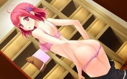 ass blush bra butt_crack game_cg lingerie looking_back panties panty_pull pink_bra pink_panties red_eyes red_hair sekitsu_ayaka short_hair skirt_down surprised underwear undressing yamiyo_ni_odore