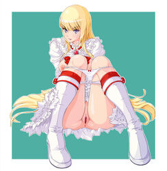 anus bangs blonde_hair blunt_bangs boots breasts censored dress emilie_de_rochefort female female_only frills gloves green_background human jeibii long_hair panties panty_pull parted_lips pussy sitting solo tekken tekken_6 tsurime two_tone_background underwear white_background