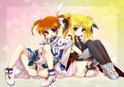 blonde_hair brown_hair cape censored fate_testarossa fingerless_gloves gloves hair_ribbon leotard leotard_aside lyrical_nanoha mahou_shoujo_lyrical_nanoha mahou_shoujo_lyrical_nanoha_a's mahou_shoujo_lyrical_nanoha_the_movie_2nd_a's multiple_girls no_panties open_mouth purple_eyes pussy red_eyes ribbon sattan short_twintails skirt smile spread_legs spread_pussy takamachi_nanoha thighhighs tied_hair twintails uncensor_request