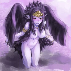 1girls armband black_hair breasts duel_monster fabled_grimro feathers female green_eyes jewelry nipples nude pointy_ears purple_hair pussy red_sclera ring solo sukumo_(kemutai) wings yu-gi-oh! yuu-gi-ou_duel_monsters