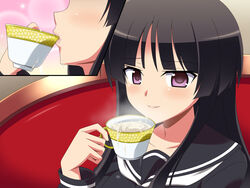 black_hair blush cum cum_in_container cum_in_containerteacup cum_in_cup gokkun highres long_hair miyamaya purple_eyes school_uniform smile