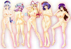 armpits ass back bare_shoulders barefoot blonde_hair blush braid breast_hold breasts censored covering covering_breasts covering_crotch eirin_yagokoro embarrassed eyewear feet female glasses gradient_hair hand_on_hip hat highres hijiri_byakuren hips kanako_yasaka large_breasts lineup long_hair looking_at_viewer multicolored_hair multiple_females navel nipples noir846 nude pink_eyes pink_hair posing purple_eyes purple_hair red_eyes short_hair silver_hair smile toes touhou very_long_hair yukari_yakumo yuyuko_saigyouji