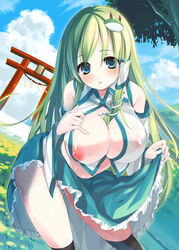 1girls black_legwear blue_eyes blush breasts cloud cloud_palette female frog_hair_ornament green_hair hair_ornament hair_tubes huge_breasts long_hair navel nipples no_bra open_mouth pussy_juice sanae_kochiya see-through sky snake_hair_ornament solo thighhighs touhou tree very_long_hair