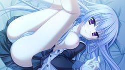 bed blue_hair blush breasts game_cg hatsuyuki_sakura hontani_kanae long_hair nipples open_clothes open_shirt panties purple_eyes saga_planets seifuku shirt tamaki_sakura underwear