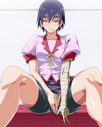 bakemonogatari bandage bandages bike_shorts black_hair blush brown_eyes fingering kanbaru_suruga masturbation monogatari_(series) nisemonogatari panties panties_aside purple_hair pussy shino_(comic_penguin_club) short_hair shorts shorts_pull sitting solo spread_legs sweat tongue underwear v