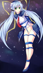 blue_hair bondage bound_ankles bound_legs cable capelet crotch_rope faulds green_eyes hat high_heels highres hoshino_yumemi long_hair maullarmaullar necktie no_panties planetarian pussy shoes solo suspension sweat tie_clip tied_hair twintails