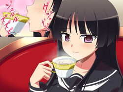 black_hair blush cum cum_in_container cum_in_cup gokkun long_hair miyamaya purple_eyes school_uniform smile teacup