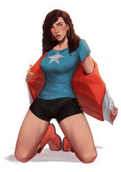 1futa america_chavez black_hair blush boots breasts bulge cameltail dark-skinned_futanari dark_skin earrings futa_only futanari hoop_earrings human incase intersex jacket kneeling long_hair marvel miss_america miss_america_chavez penis shorts solo solo_futa t-shirt yellow_eyes