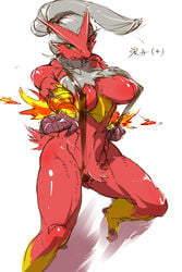 anthro anthrofied avian big_breasts blaziken breasts female pokemon pokemon_(species) pokemon_rse posing sasamix solo white_background