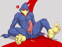 5_toes avian balls beak blue blue_body blue_eyes blue_fur claws colored cum dripping erection falco_lombardi fydbac hands_off_my_prey hindpaw looking_at_viewer male male_only muscles nude paws penis plantigrade precum sitting soles solo spread_legs spreading star_fox video_games yellowpower