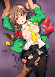 1girls alcohol blazer blush bow braid breasts breasts_out brown_eyes brown_hair can cum cum_on_body cum_on_breasts cum_on_upper_body drunk female hairbow highres idolmaster idolmaster_cinderella_girls imminent_rape leg_grab looking_at_viewer lying navel necktie nipples on_back open_mouth pantyhose rape restrained saliva senkawa_chihiro skirt solo sw sweat tear torn_pantyhose wrist_grab