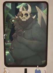 anthro bathroom belly big_beard big_nipples big_penis bodily_fluids bone brush chest_tuft demon disney erection fangs fondling genitals hi_res horn male male_only milk mirror moob_grab muscular muscular_male navel_poke nipples olivepup_00 overweight overweight_male papa_titan_(the_owl_house) penis pubes self_fondle skull skull_head soap_dispenser solo spray_bottle stunned teeth the_owl_house titan_(the_owl_house) toothbrush tuft wings