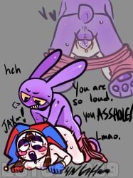 1boy 1girl 1male1female anthro back_view backsack balls ballsack blue_nipples breasts breasts_on_floor clothes_down drooling female glitch_productions hearts jax_(tadc) jax_(the_amazing_digital_circus) lotus0289 male penis penis_in_pussy pomni pomni_(the_amazing_digital_circus) pussy rabbit_feet rabbit_humanoid red_nipples sweat tail text the_amazing_digital_circus