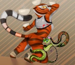 absurd_res anthro ass balancing bottomless bottomless_female breasts clothed clothing digital_media_(artwork) dreamworks duo felid female feral fur genitals green_body green_scales hi_res kung_fu_panda looking_back mammal markings master_tigress master_viper nipples orange_body orange_fur pantherine reptile scales scalie snake stripes thewizardstick tiger viper vulva