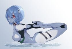arched_back arms_behind_back ass ayanami_rei ball_gag blue_hair bound bound_arms bound_legs breasts female gag gag_under_mask gagged hair_over_one_eye highres hogtie looking_at_viewer mask mecha_pilot_suit medium_breasts medium_hair mouth_mask neon_genesis_evangelion one_eye_covered plugsuit_(evangelion) raftetram red_eyes restrained skin_tight water wrists_to_ankles