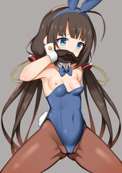 ahoge animal_ears armpits bangs bare_shoulders black_gloves blue_eyes blue_hairband blue_leotard blue_neckwear blunt_bangs bow bowtie breasts brown_hair brown_legwear bunny_ears bunny_girl bunny_tail bunnysuit cameltoe commentary_request covered_mouth detached_collar eyebrows_visible_through_hair fake_animal_ears female gloves grey_background hairband hinatsuru_ai leotard long_hair looking_away looking_to_the_side low_twintails nipples pantyhose ryuuou_no_oshigoto! simple_background small_breasts solo strapless strapless_leotard tail toshishikisai twintails very_long_hair white_collar wrist_cuffs