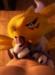 3_fingers 3d_(artwork) absurd_res actuallysine anthro arm_warmers armwear bandai_namco black_claws black_sclera blender_(artwork) blender_cycles blue_eyes bodily_fluids canid canine cheek_tuft chest_tuft claws clothing digimon digimon_(species) digital_media_(artwork) duo erection eyelashes facial_tuft fellatio female female_anthro female_focus female_on_human fingerless_gloves fingers floor fluffy fluffy_tail fox fur fur_markings genital_fluids genitals gloves hand_on_leg hand_on_penis hand_on_thigh handwear hi_res holding_penis human human_on_anthro humanoid interspecies kneeling licking looking_at_viewer male male/female male_human male_on_anthro mammal markings nude nude_male open_mouth oral penile penis penis_lick plantigrade precum renamon renamon_(furromantic) saliva saliva_string sex simple_background sunrise sunset tail tongue tongue_on_penis tongue_out tuft white_body white_fur wood wood_floor yellow_body yellow_fur
