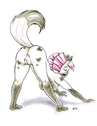 2012 anthro anus bent_over breasts ear_piercing feline female fur furry grey_fur hair nude piercing pink_hair pussy raised_tail risingdragon solo stretching