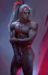 artistic artistic_nude biceps covered_navel digital_painting_(artwork) huntang513 league_of_legends male male_focus male_only muscular muscular_arms muscular_male muscular_thighs nonsexual nonsexual_nudity pecs pinup solo solo_focus solo_male thighs toned toned_body toned_male toned_stomach yone
