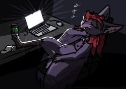 2025 aliasing anthro areola asphyxiation autoerotic_asphyxiation bat beverage bizr breasts breath_play chair choking computer computer_mouse detailed_background digital_media_(artwork) electronics erotic_asphyxiation female finger_fuck fingering flying_fox fur furniture genitals hair laptop leaning leaning_backward mammal masturbation megabat membrane_(anatomy) membranous_wings monster_energy nipples nude office_chair open_mouth penetration piercing purple_body purple_fur pussy semi-anthro sitting solo spread_legs spreading tail text toilet_paper vaginal_masturbation vaginal_penetration velika_(bizr) winged_arms wings