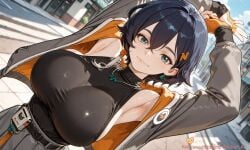 ai_generated aqua_eyes armpits arms_up bangs belle_(zenless_zone_zero) belt black_hair black_shirt breasts closed_mouth dutch_angle earrings female goddessasunaai green_eyes hair_between_eyes hair_ornament jacket jewelry large_breasts long_sleeves looking_at_viewer necklace open_clothes open_jacket orange_nails shirt short_hair skirt sleeveless smile solo zenless_zone_zero