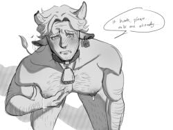 1boy begging blush breastmilk chipped_horn cow_ears cow_horns cow_tail cowbell crying curly_(mouthwashing) ear_tag embarrassed holding_breast in_pain lactating lactation male male_lactation milk milk_drip monochrome mouthwashing needy no_visible_genitalia nude_male on_knees snot_drip teardrop