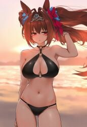 ai_generated animal_ears beach bikini breasts daiwa_scarlet_(umamusume) female hips horse_girl pussy red_eyes ribbon_in_hair tiara twintails umamusume umamusume_pretty_derby