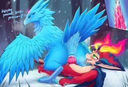 1boy 1girls ai_generated animal_genitalia anivia avian beak bird blue_body blue_eyes blue_sclera blush bodily_fluids cloaca cloacal_penetration cum cum_inside dazed dialogue dominant_female dragon duo elemental_creature english_text female feral feral_on_feral forehead_gem forehead_jewel genitals green_eyes ice internal internal_cumshot internal_view knotted_penis large_ears larger_female league_of_legends male male_on_female male_on_feral motion_lines open_mouth penis red_body reverse_cowgirl_position riot_games saliva scales scalie size_difference smaller_male smolder_(league_of_legends) submissive_male tail talons trembling wings
