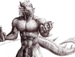 alcohol balls beverage black_penis dragon genitals head_tuft male male_only muscular mythological_creature mythological_scalie mythology penis scalie solo solo_focus tuft wine wuyojg