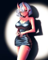 akumi bare_shoulders blurry breasts cleavage collarbone dress female hair_between_eyes horns large_breasts looking_at_viewer oni oni_horns red_skin short_hair silver_hair solo vyugen