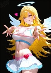 ai_generated anarchy angel angel_wings armlet bare_shoulders blonde_hair blue_eyes blush bra bracelet breasts choker clothing crop_top earrings enjisd feathered_wings feathers female fingernails frilled_skirt frills gold_bracelet grin halo holding holding_clothes holding_object holding_panties holding_underwear hoop_earrings jewelry large_breasts long_hair looking_at_viewer medium_breasts midriff miniskirt navel pantsu panty_&_stocking_with_garterbelt panty_(psg) panty_anarchy pink_clothing pink_panties pink_underwear ring shirt skirt smile solo sports_bra sportswear standing stomach tank_top underwear unworn_panties very_long_hair white_shirt white_skirt white_tank_top white_wings wings