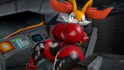3d big_ass big_breasts braixen breasts female fox fox_ears fox_girl fox_tail game_freak generation_6_pokemon gun ironhawk nintendo pokemon pokemon_(species) pokemon_xy sam_the_zero_suit_braixen sitting sitting_on_chair stuck tagme zero_suit zero_suit_samus_(cosplay)