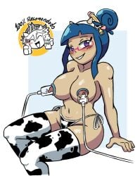 blue breasts cow_bikini cow_ears cow_girl cow_horns cow_print_bikini fhs fhsz3r0 fnafhs fnafhs_z3ro fnafhsrule34 fnafhsxxx lactation lily_(fnafhs) milk milking milking_breasts milking_machine purple_hair socks thong thong_bikini topless z3star