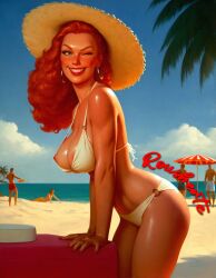 ai_generated beach big_breasts bikini breasts exposed_nipples female hoop_earrings leaning_on_object long_hair nipple_slip oily oily_skin original_character palm_tree people_in_background pinup red_hair red_nails redhead_female ring_(jewelry) rousherte self_upload smile smiling straw_hat tagme teeth wink winking_at_viewer