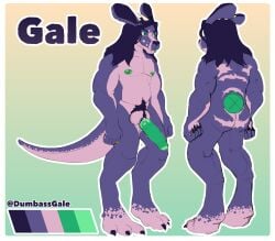 anthro areola balls belly body_hair digitigrade dumbassgale erection feet fur gale_(dumbassgale) genitals green_eyes green_penis hair happy_trail hi_res horn hybrid kangaroo kobold macropod male male_only mammal marsupial model_sheet navel nipples nude penis pink_body pink_scales pubes purple_body purple_fur scales scalie simple_background solo tail text tongue