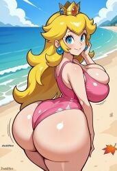1girls ai_generated animated ass ass_focus bbw beach beach_background blonde_hair breasts darkeffect female female_focus female_only jiggle jiggling_ass jiggling_breasts large_breasts long_hair looking_at_viewer looking_back music one-piece_swimsuit partially_clothed presenting princess_peach shaking_ass solo solo_female solo_focus tagme thick thick_thighs video wide_hips